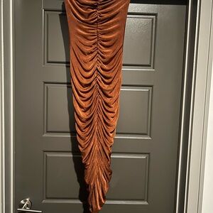 AKIRA Ruched Maxi Skirt in Rich Brown
